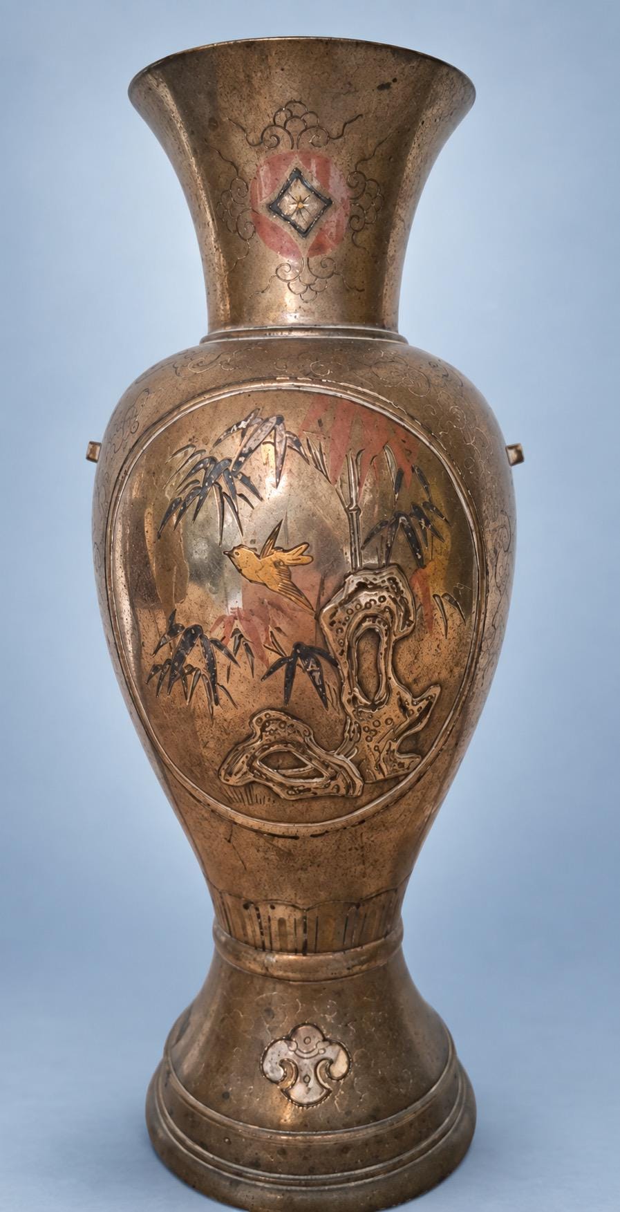 Antique Pair of Meiji Style Mixed-Metal Vases, Bird, Bamboo and Rock Panels in Copper, Gold and Silver Tones