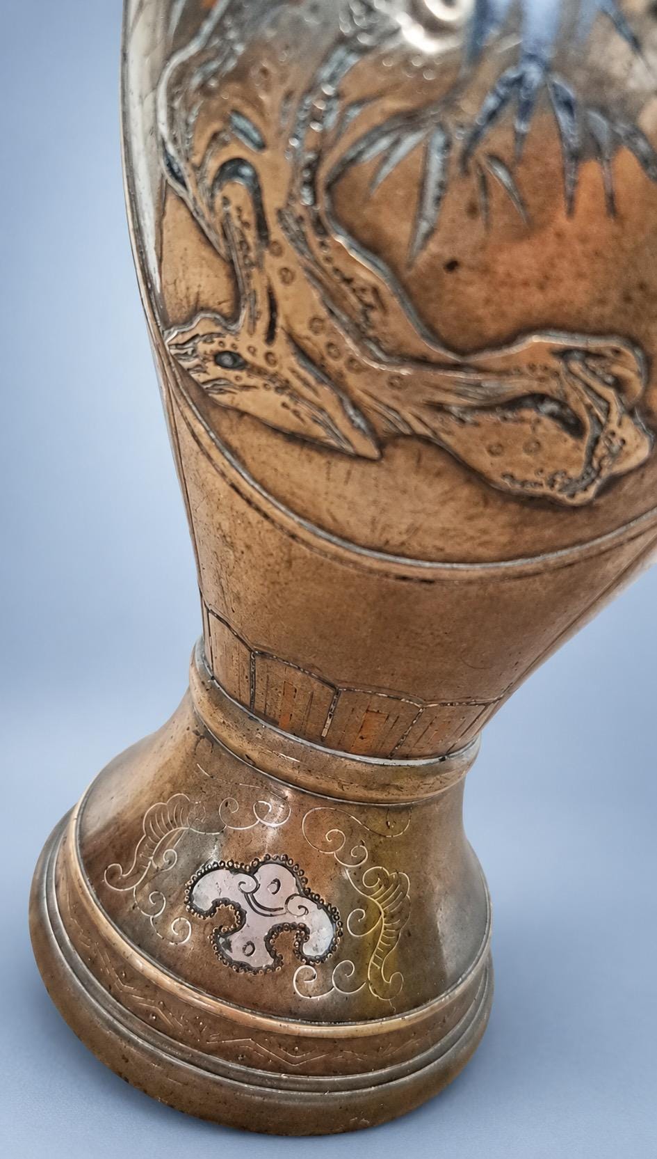 Antique Pair of Meiji Style Mixed-Metal Vases, Bird, Bamboo and Rock Panels in Copper, Gold and Silver Tones