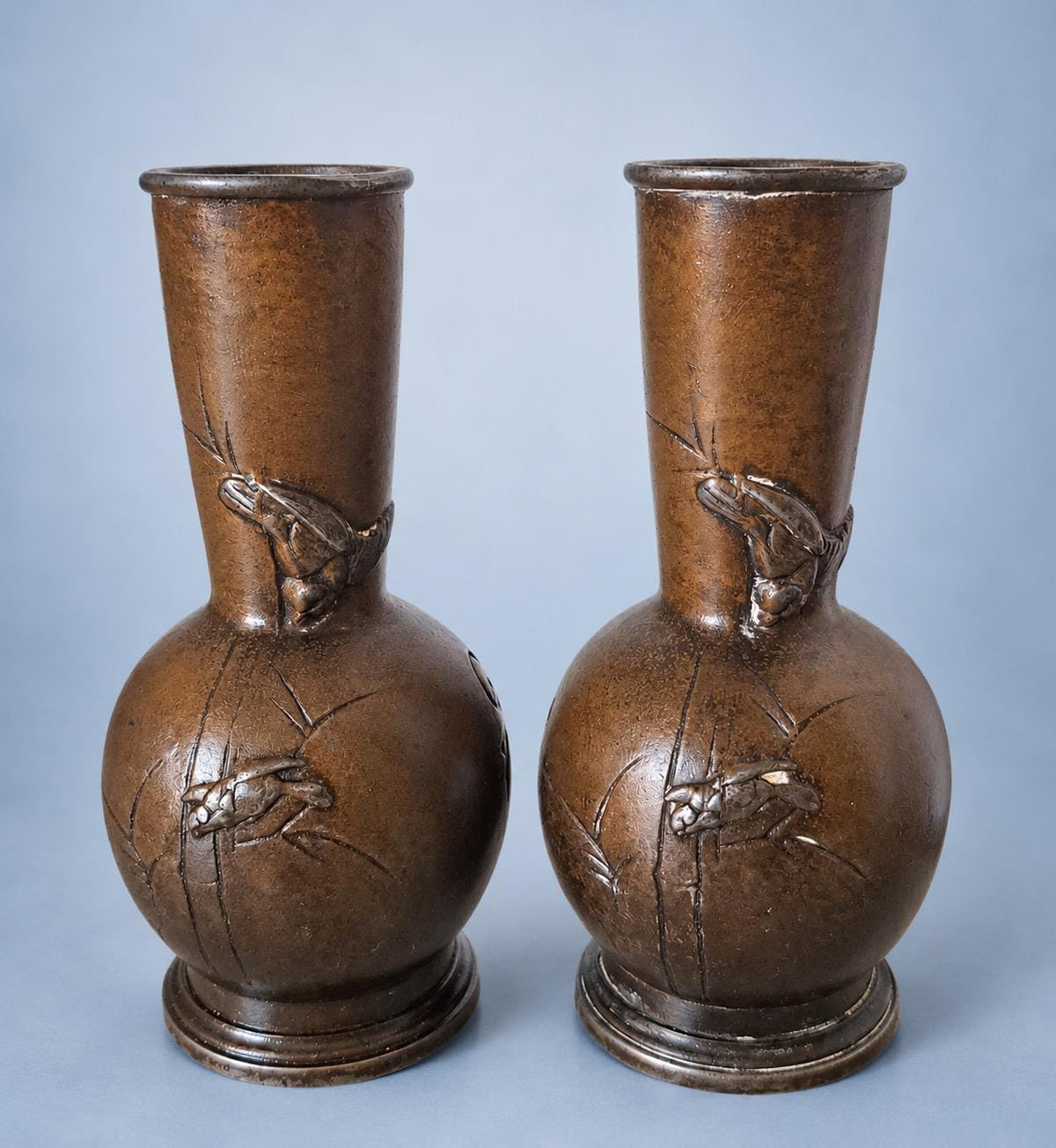 Antique Pair of Small Meiji Style Patinated Metal Bottle Vases, Peonies and Flying Birds in Relief