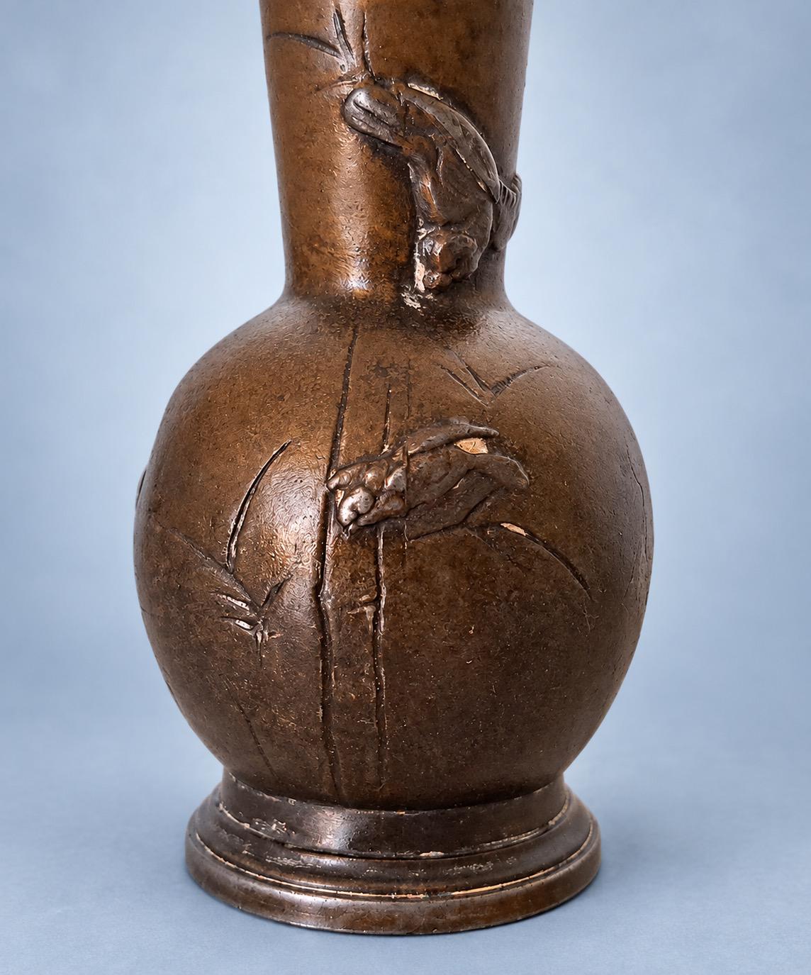 Antique Pair of Small Meiji Style Patinated Metal Bottle Vases, Peonies and Flying Birds in Relief