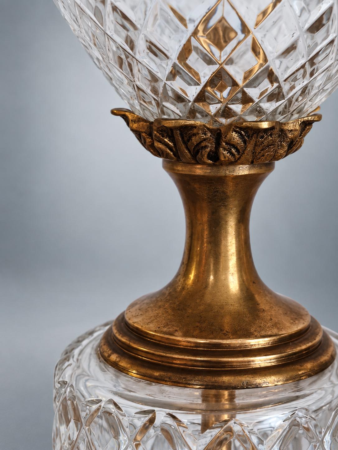 Vintage French Cut Crystal and Gilt Bronze Table Lamp Base, Neoclassical Style — France, circa 1950-1970