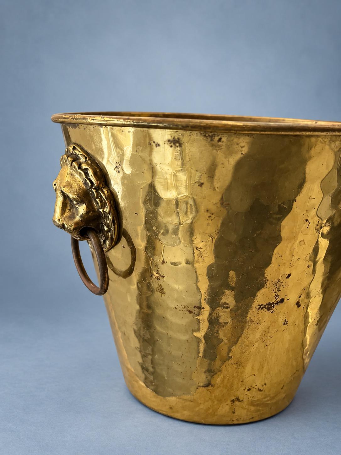 Vintage Hammered Brass-Tone Champagne Bucket with Lion Mask Ring Handles, Hollywood Regency Style