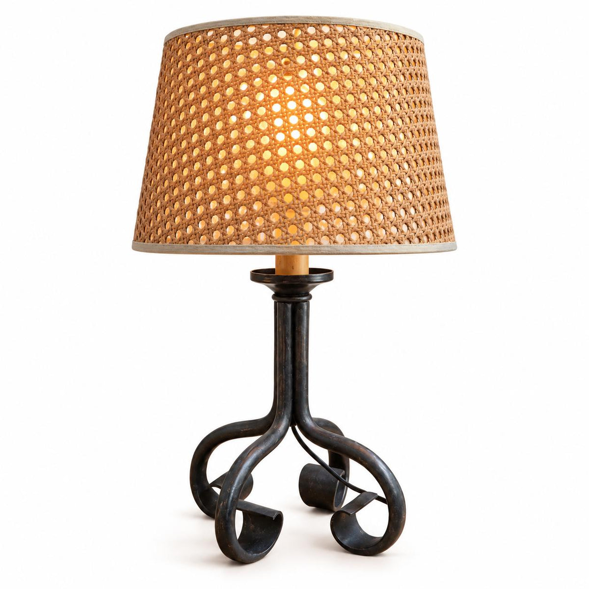Vintage Brutalist Wrought Iron Table Lamp, Woven Cane Shade — France, circa 1970