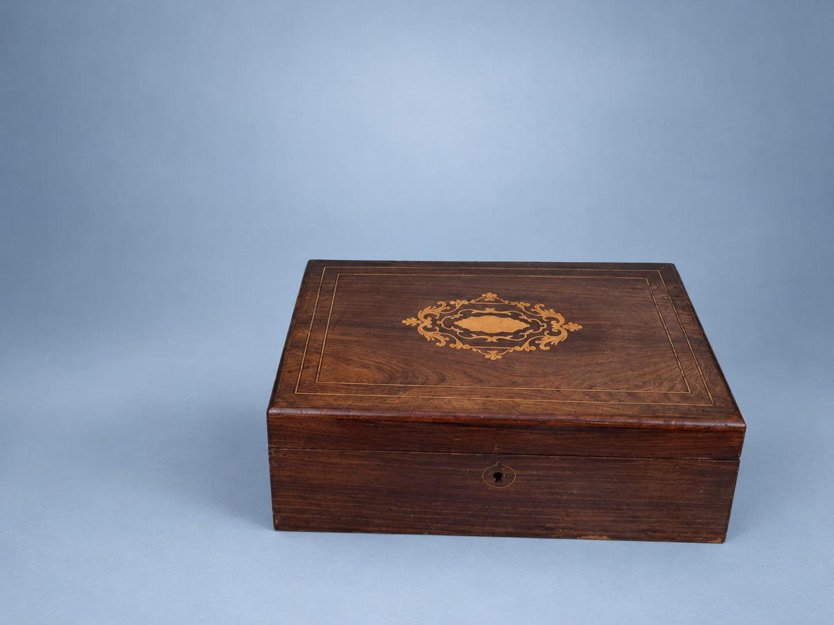 Antique Napoleon III Style Wood Marquetry Jewelry and Letter Box with Brass-Tone Borders