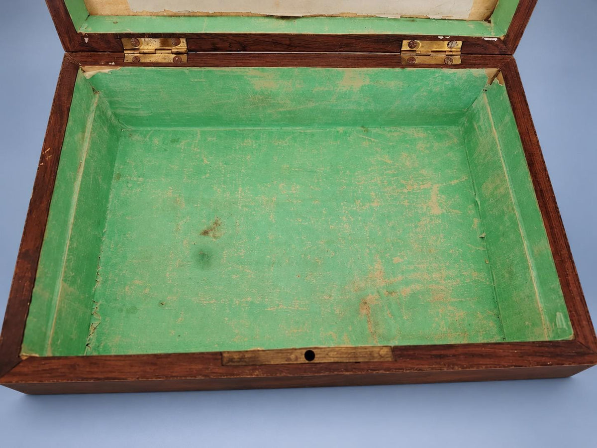 Antique Napoleon III Style Wood Marquetry Jewelry and Letter Box with Brass-Tone Borders