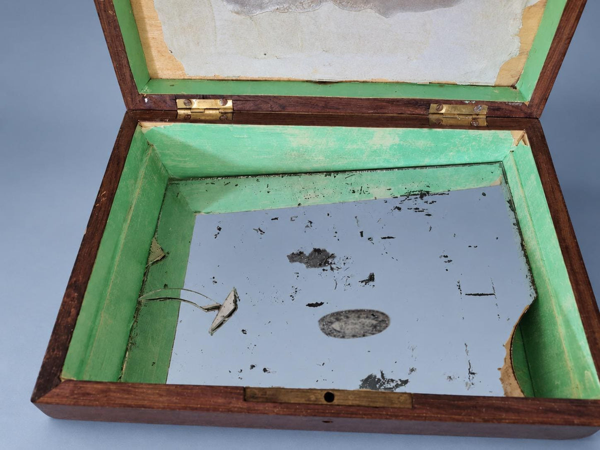 Antique Napoleon III Style Wood Marquetry Jewelry and Letter Box with Brass-Tone Borders