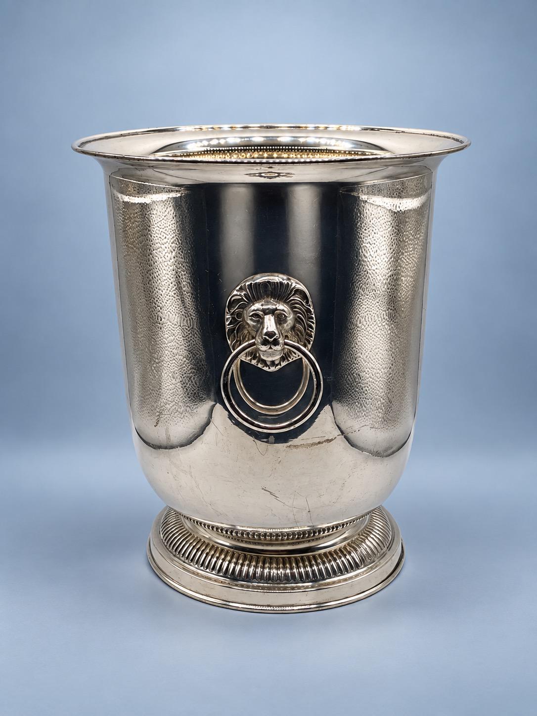 Vintage Silver-Tone Champagne Bucket with Lion Mask Ring Handles and Fluted Pedestal Base, Regency Style