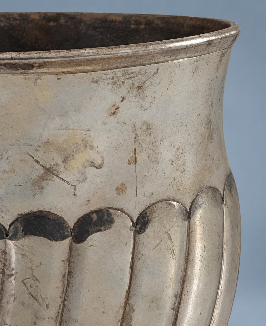 Vintage Silver-Tone Footed Vase with Swirled Gadroons and Rolled Rim