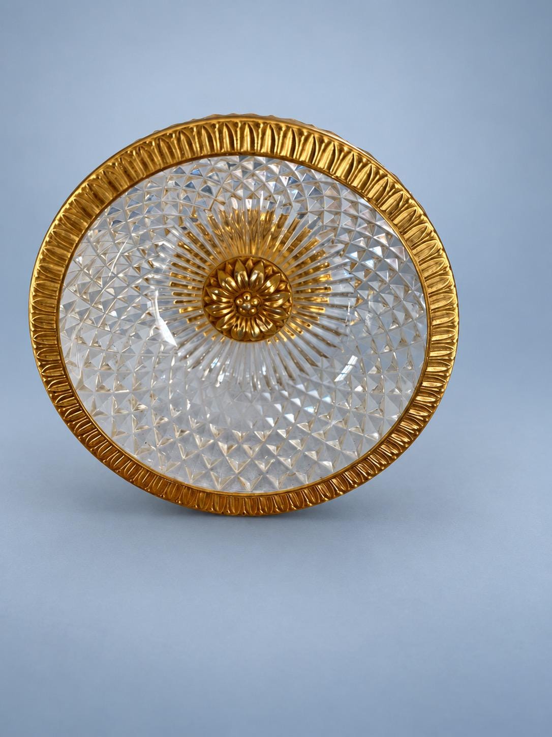 Vintage Small Footed Cut Glass Bowl with Gilt Metal Rim and Pedestal, Diamond Point Pattern