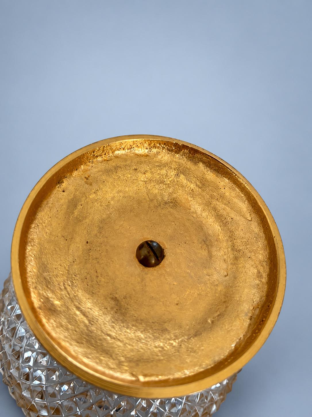 Vintage Small Footed Cut Glass Bowl with Gilt Metal Rim and Pedestal, Diamond Point Pattern