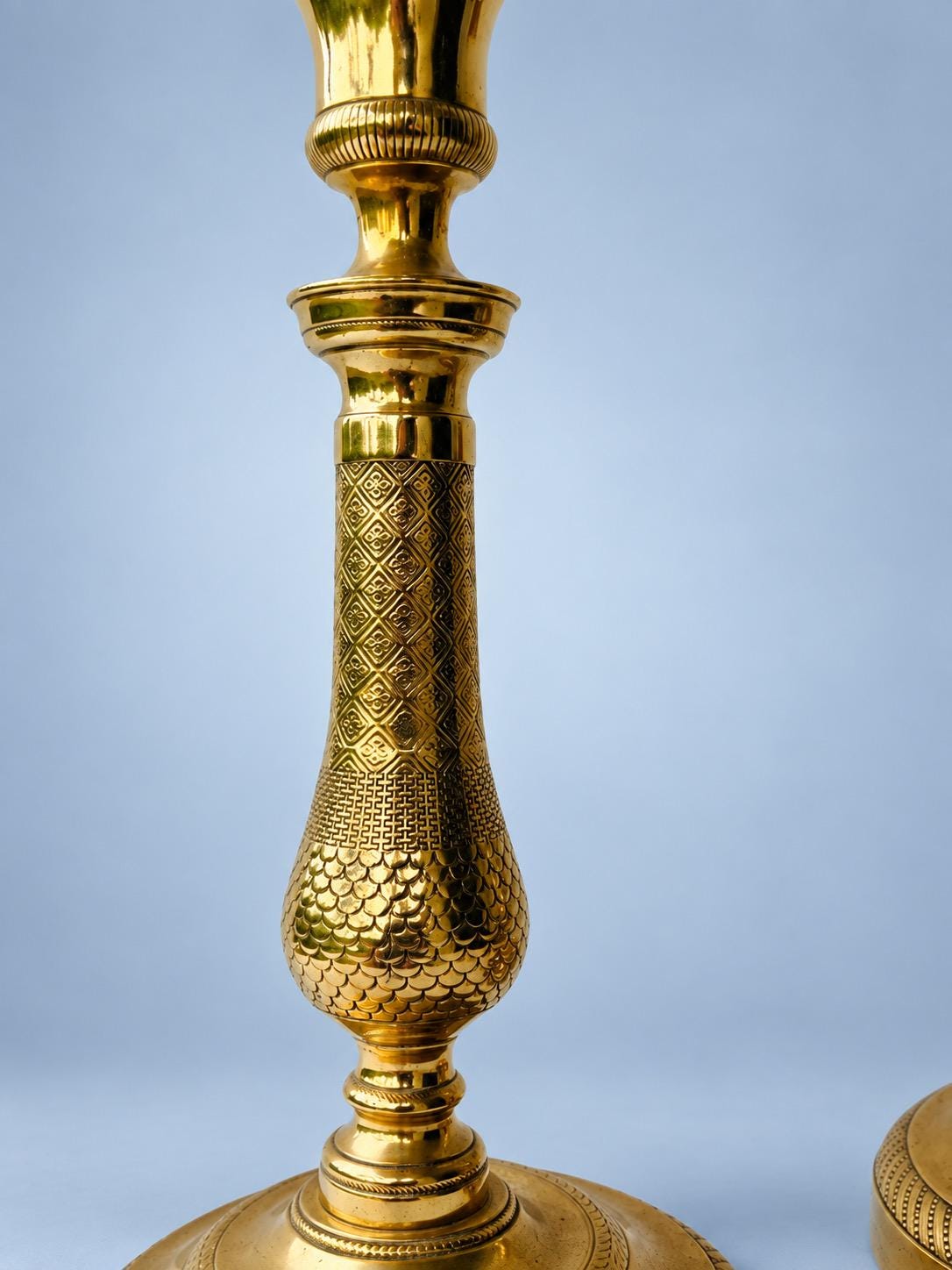 Antique Pair of Restauration Style Brass-Tone Candlesticks, Chased Diaper Pattern Baluster Shafts, Mid 19th Century