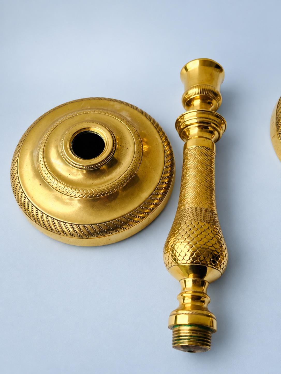 Antique Pair of Restauration Style Brass-Tone Candlesticks, Chased Diaper Pattern Baluster Shafts, Mid 19th Century