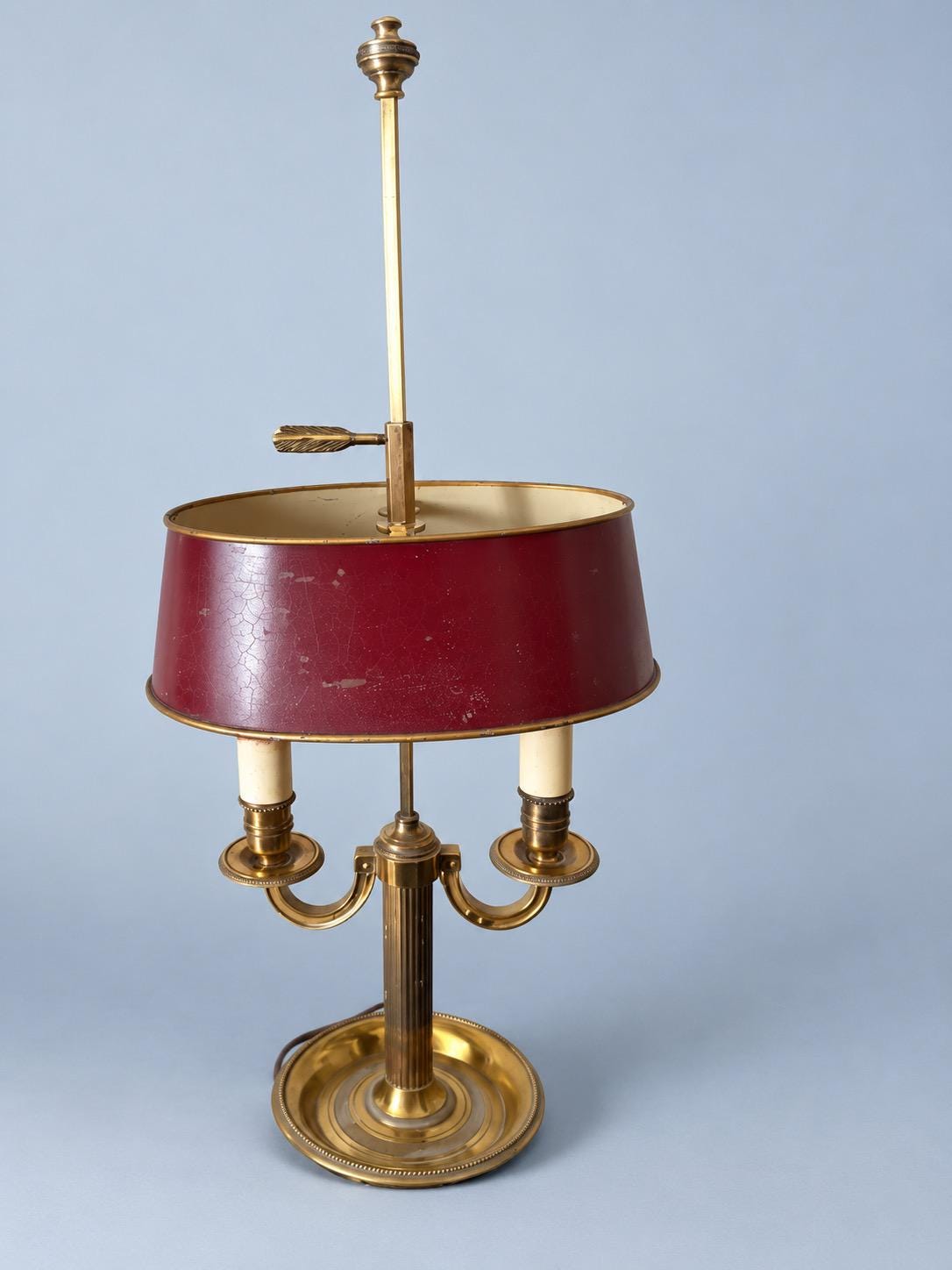 Vintage Empire Style Bouillotte Lamp, Two-Light Brass-Tone Lamp with Adjustable Burgundy Painted Tôle Shade