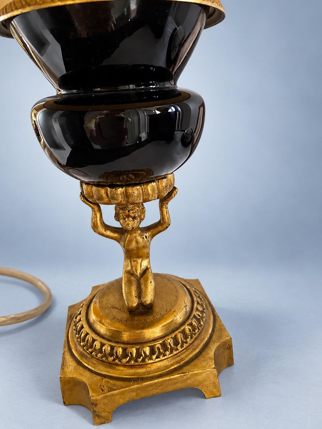 Vintage Napoleon III Style Small Black and Gilt Metal Table Lamp Base, Figural Stem on Square Footed Base