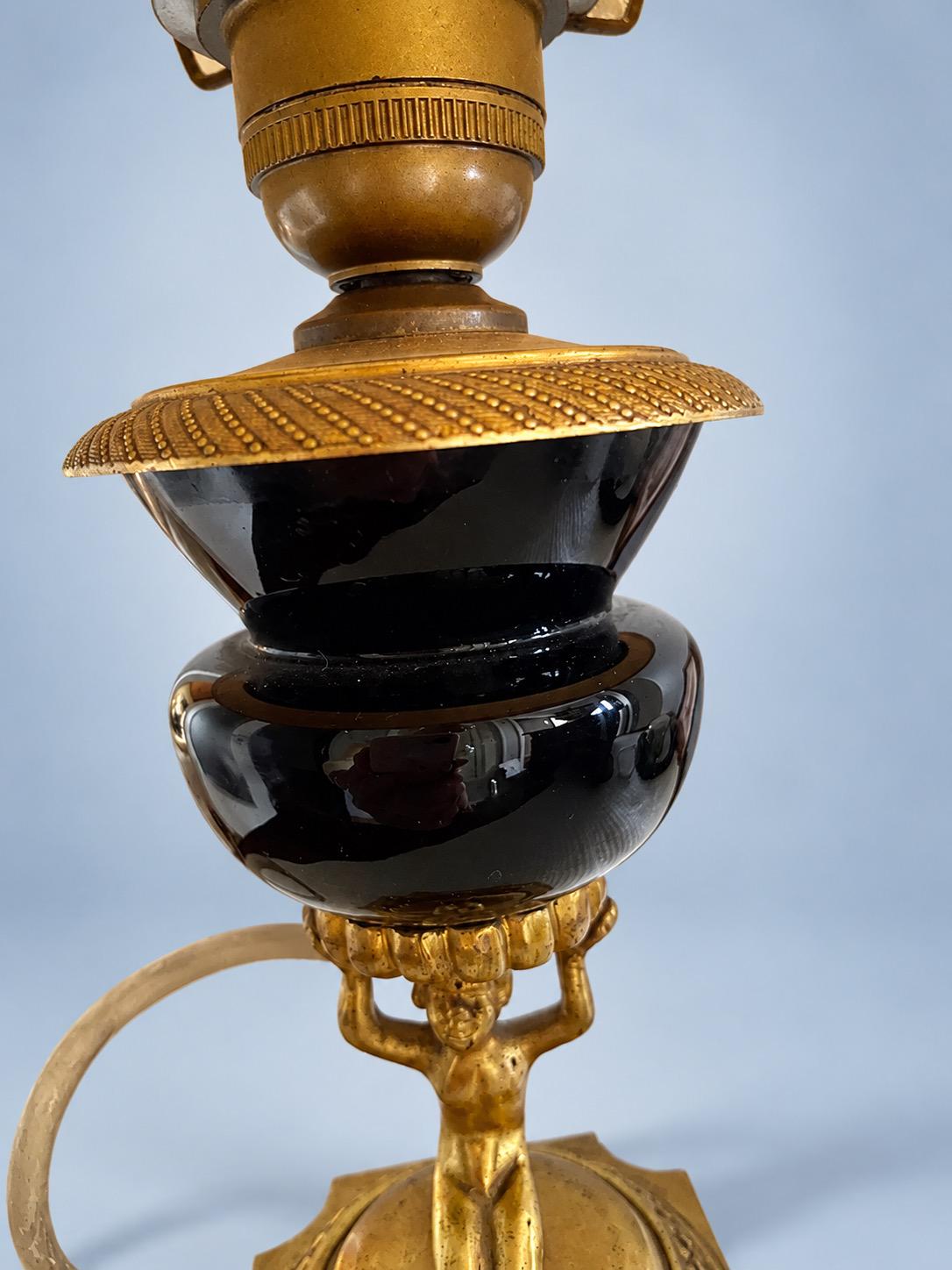 Vintage Napoleon III Style Small Black and Gilt Metal Table Lamp Base, Figural Stem on Square Footed Base