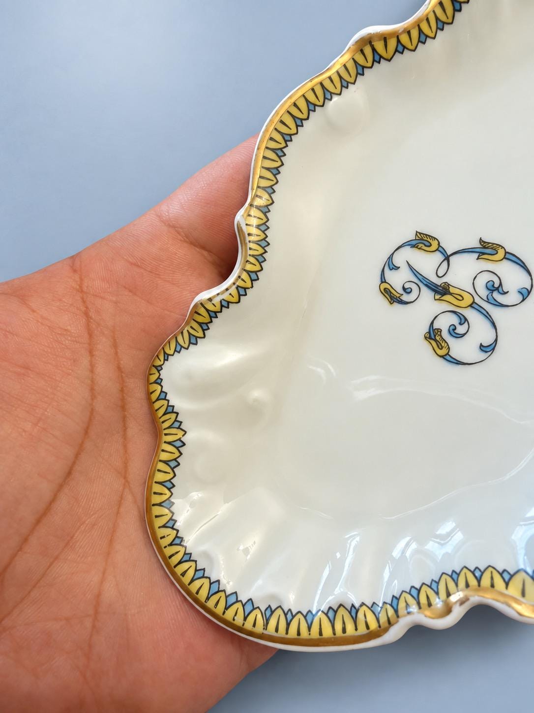 Vintage Shaped White Glazed Ceramic Trinket Dish with Monogram "B", Yellow and Blue Palmette Border and Gilt Rim