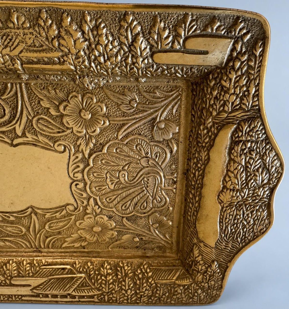 Vintage Japonisme Style Brass-Tone Tray with Pagoda, Torii Gate and Bridge Scenes, Floral Centre
