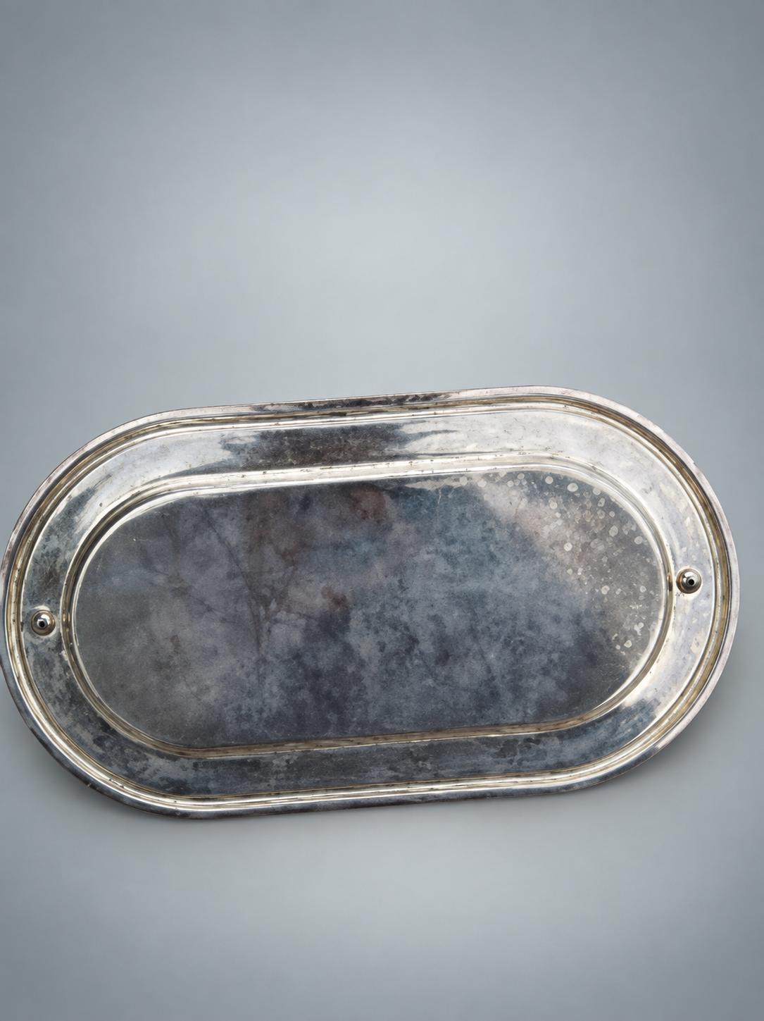 Vintage Silvered Metal Tray with Swan Figure, Oval Serving Dish — Europe, Vintage