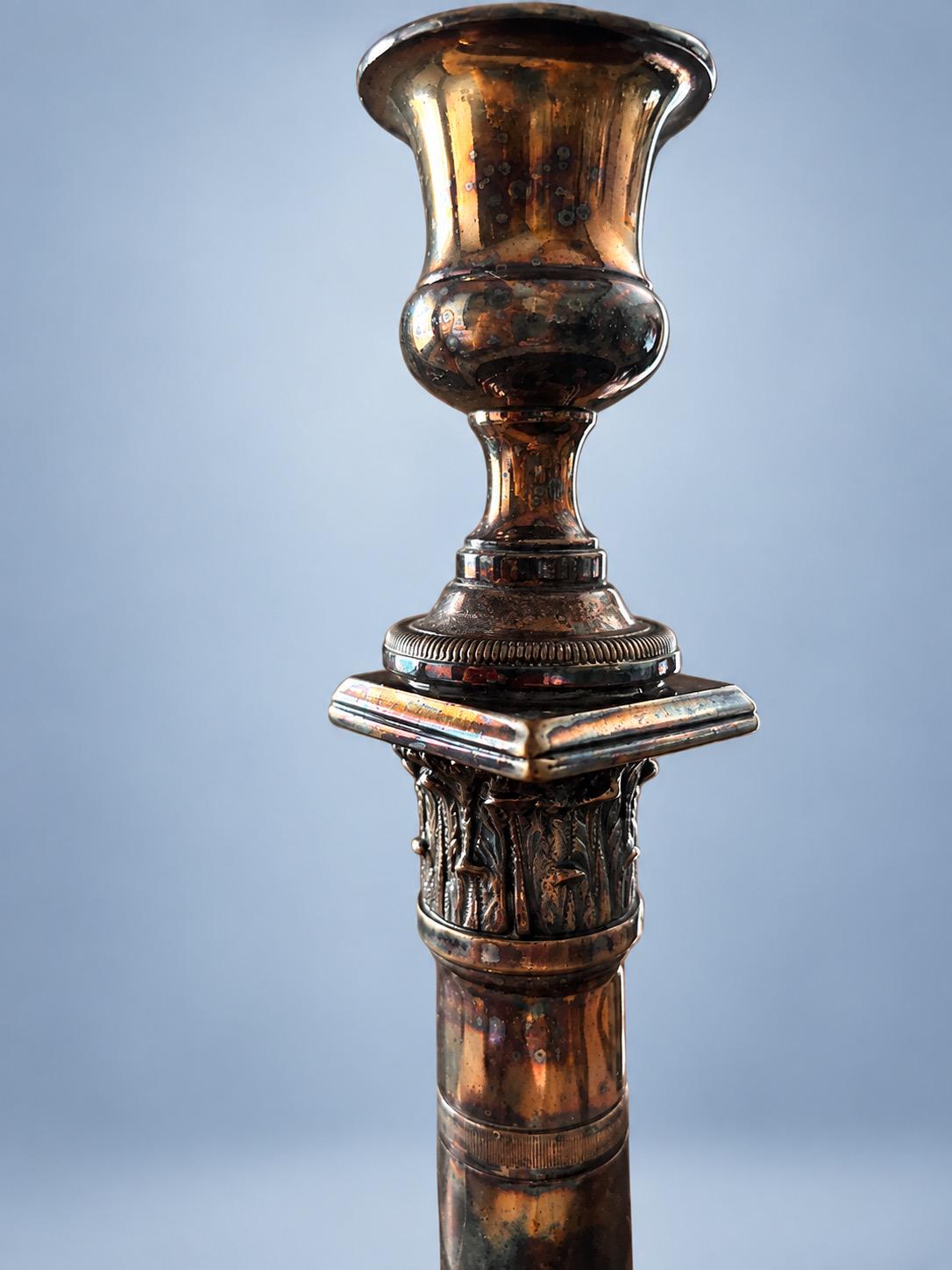 Vintage Empire Style Silver-Tone Column Candlestick with Leaf Capital, Urn Cup and Beaded Round Base
