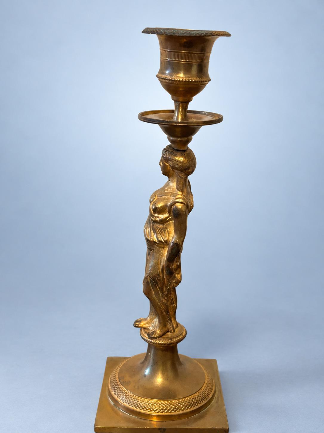 Vintage Empire Style Gilt Metal Caryatid Candlestick, Draped Classical Figure on Square Plinth