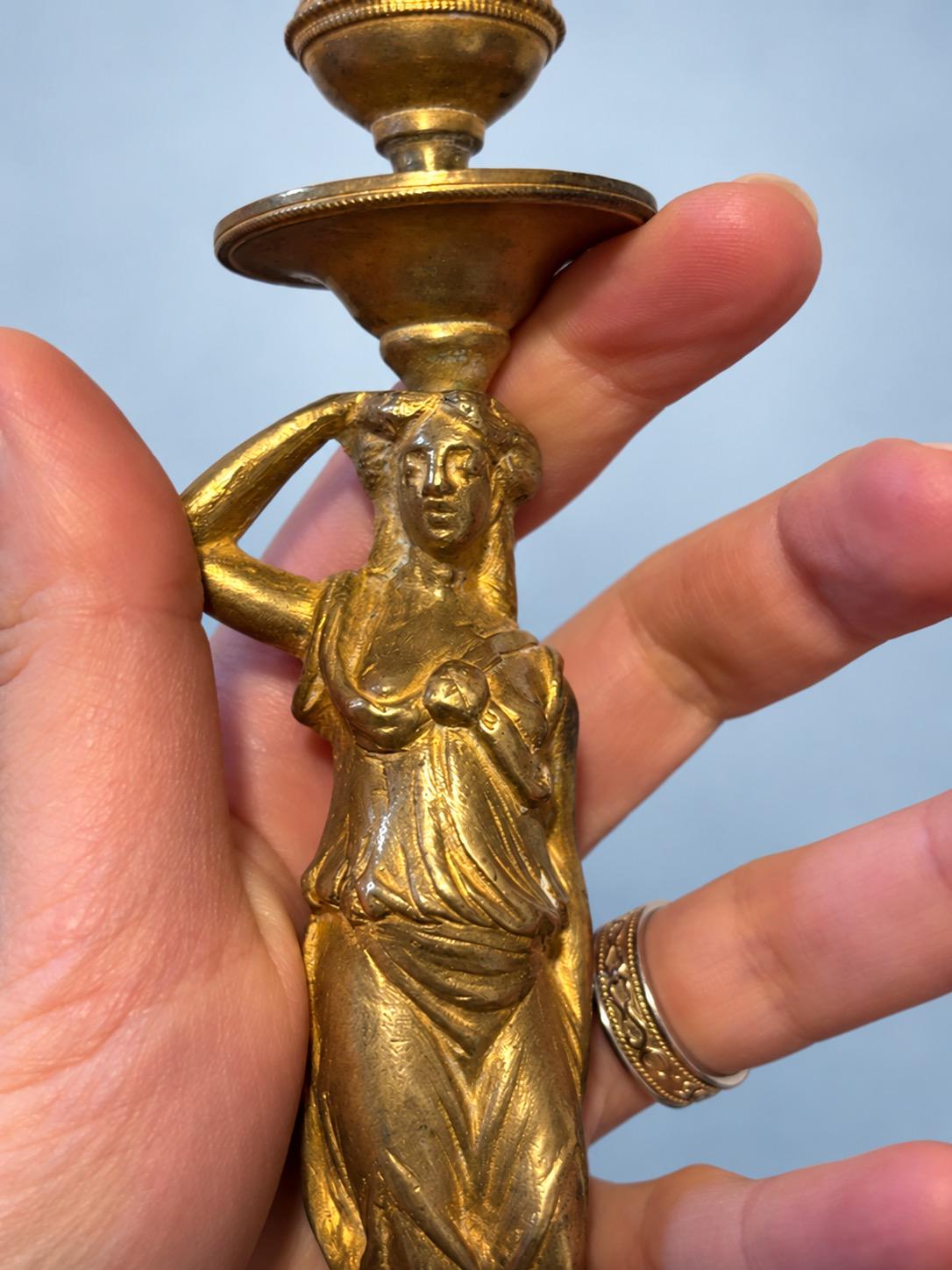 Vintage Empire Style Gilt Metal Caryatid Candlestick, Draped Classical Figure on Square Plinth