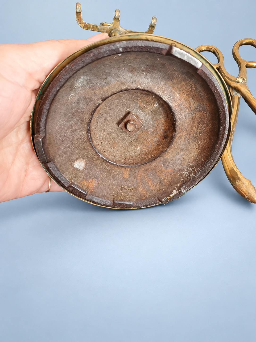 Vintage Small Empire Style Brass-Tone Fireside Companion Set with Laurel Wreath Handles, Stand, Brush, Poker and Tongs