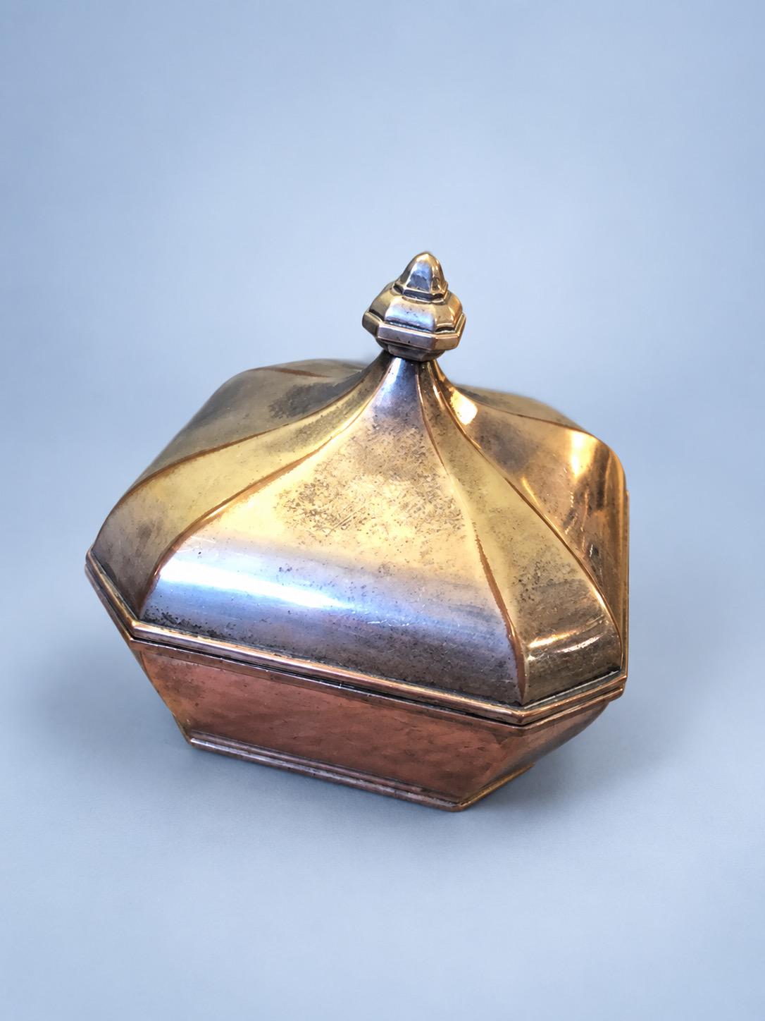 Vintage Art Deco Style Octagonal Lidded Box, Silver-Tone Metal with Domed Faceted Lid and Stepped Finial