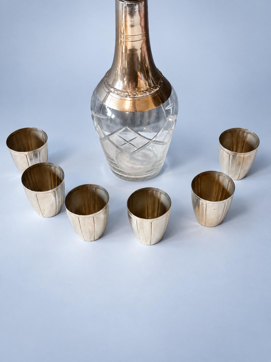 Vintage Liqueur Set, Cut Glass Decanter with Silver-Tone Neck and Stopper, Six Fluted Silver-Tone Beakers