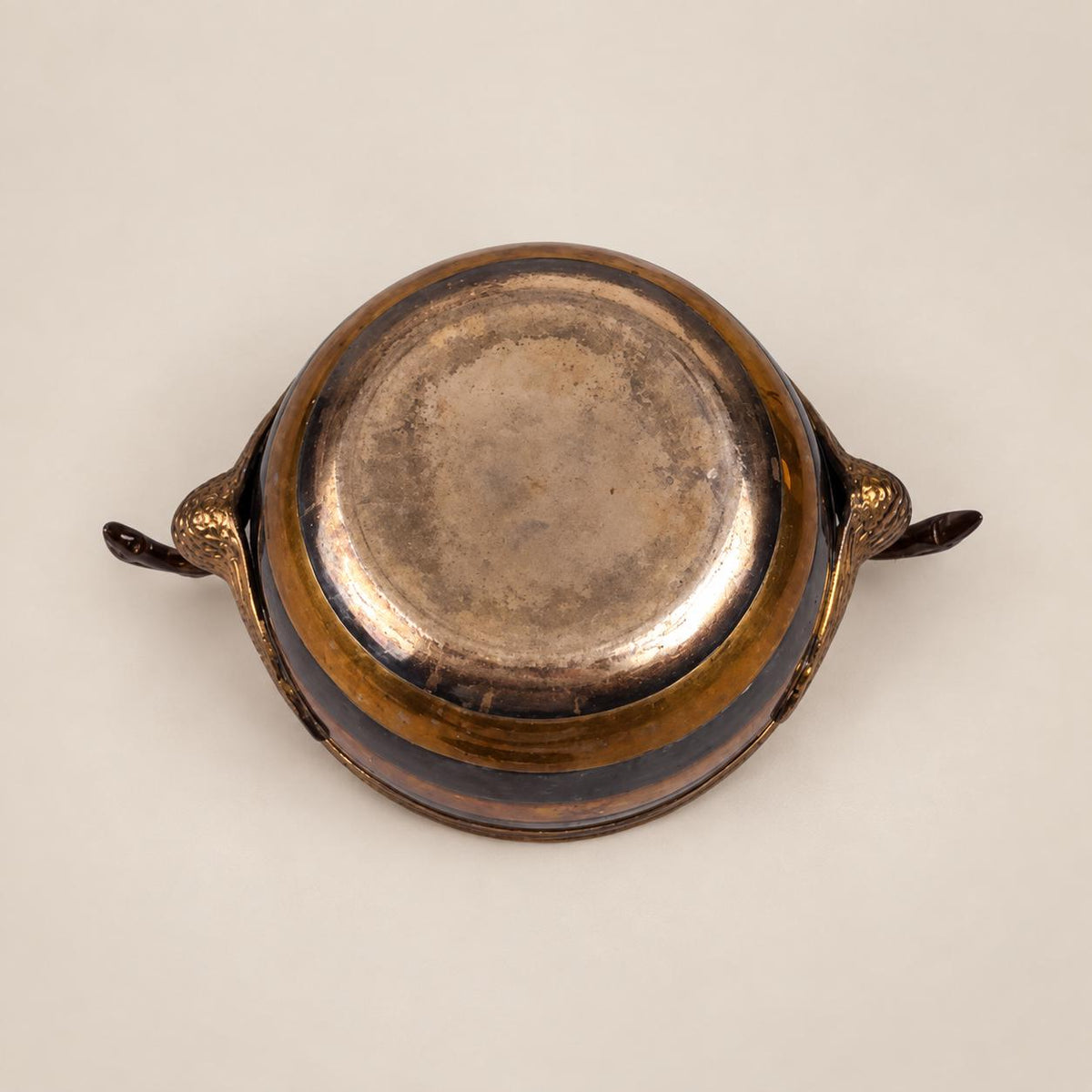 Vintage Brass and Silvered Metal Bowl, Swan Handles, Striped Two-Tone Body — Europe, mid-20th Century
