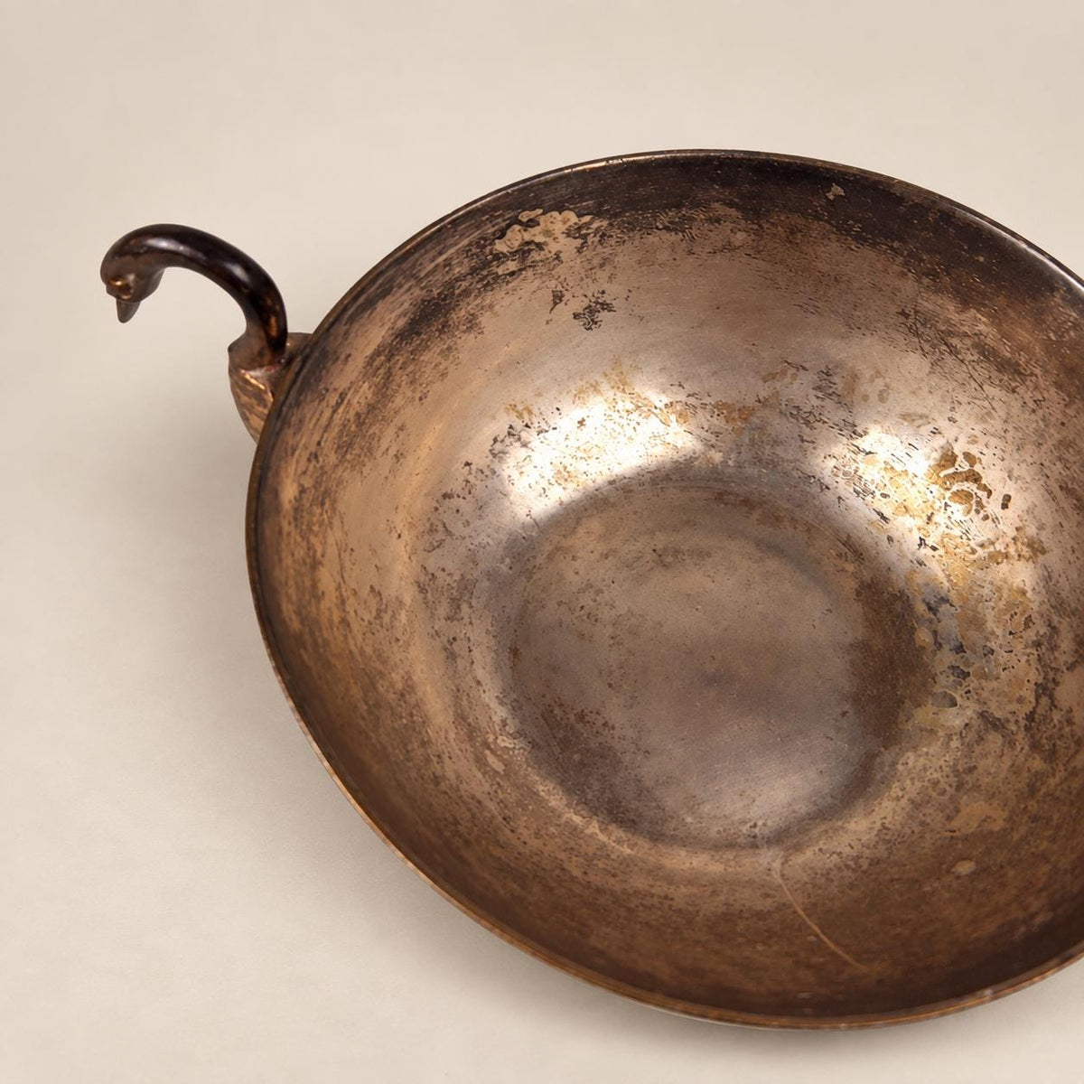 Vintage Brass and Silvered Metal Bowl, Swan Handles, Striped Two-Tone Body — Europe, mid-20th Century