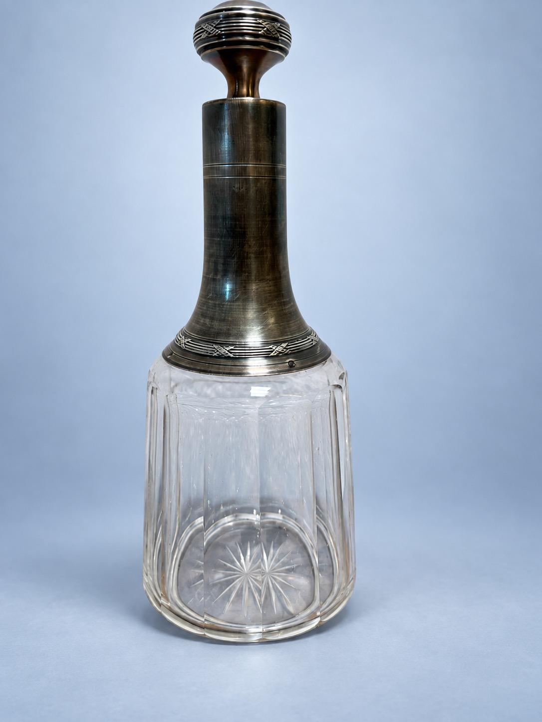 Vintage Louis XVI Style Cut Glass Decanter with Silver-Tone Neck Mount and Ball Stopper, Crossed Ribbon Bands