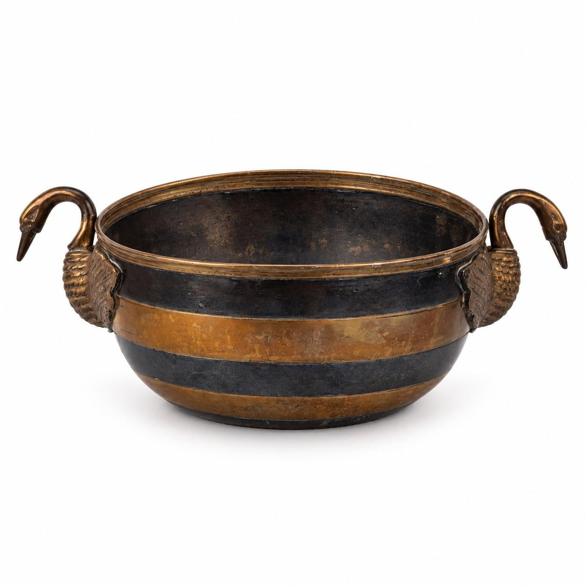 Vintage Brass and Silvered Metal Bowl, Swan Handles, Striped Two-Tone Body — Europe, mid-20th Century