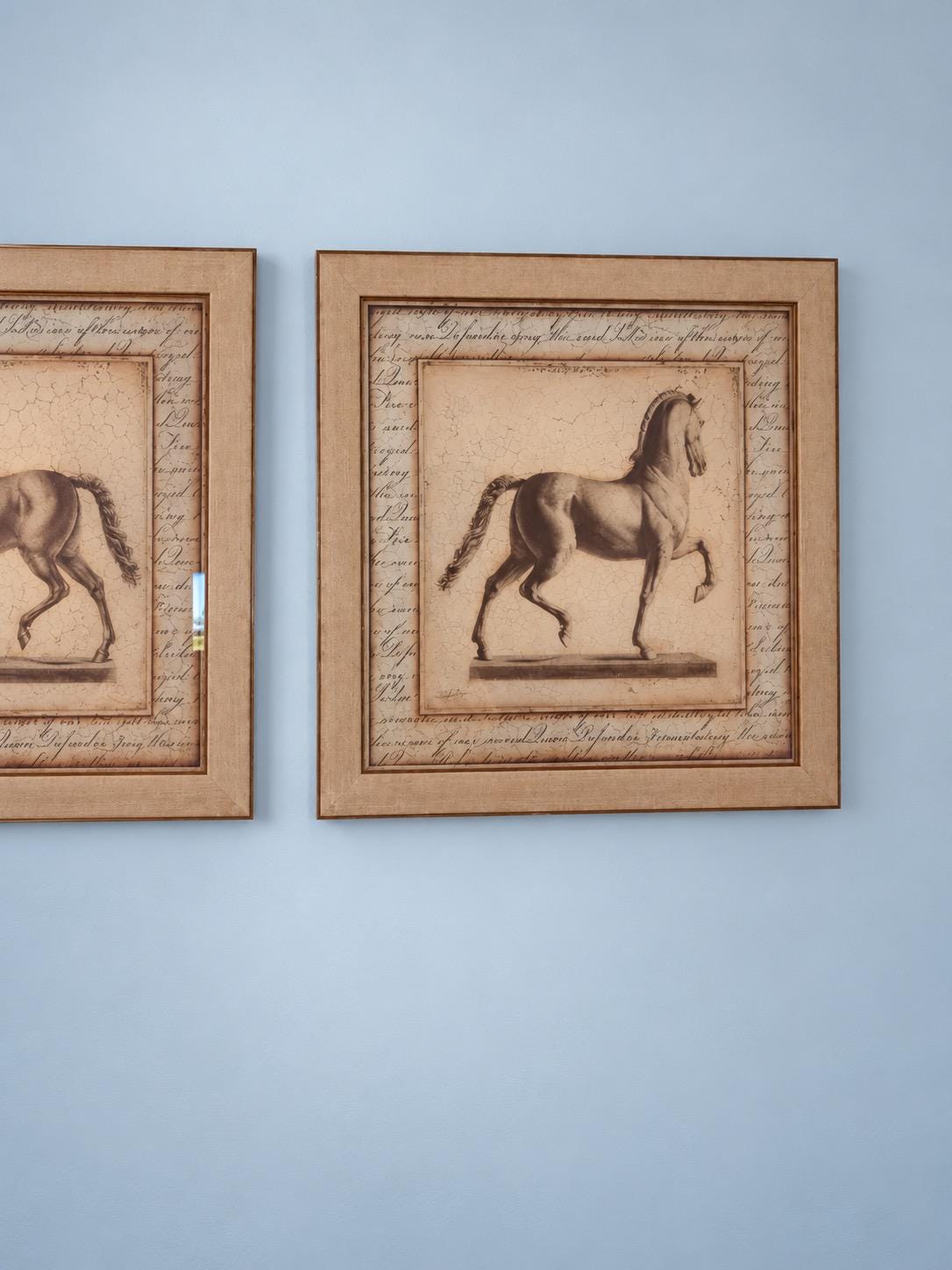 Pair of Large Framed Horse Prints, Opposite Facing Equestrian Images with Script Borders and Beige Frames, 81 x 81 cm