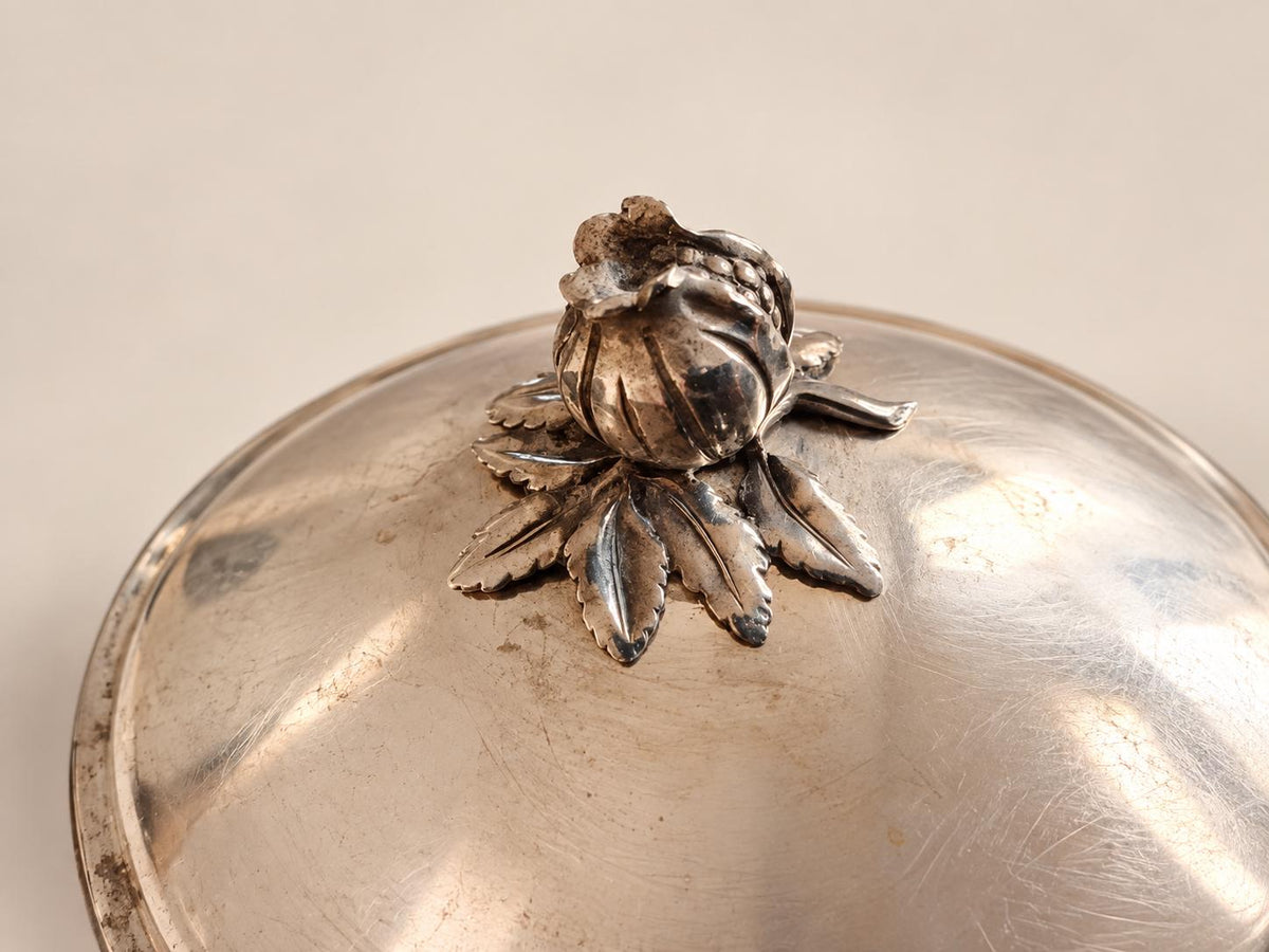 Silver-Plated Lidded Bonbonnière, Pomegranate Finial, Footed Bowl — Europe, Vintage