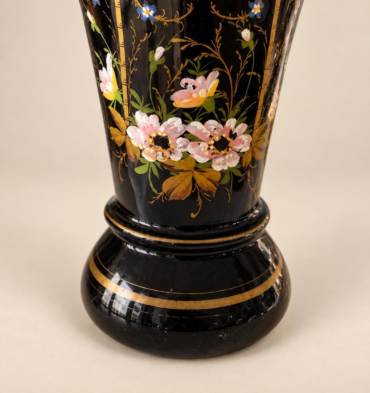 Antique French Black Opaline Glass Vase, Hand-Painted Flowers and Gilt Trellis, Napoleon III — France, 19th Century