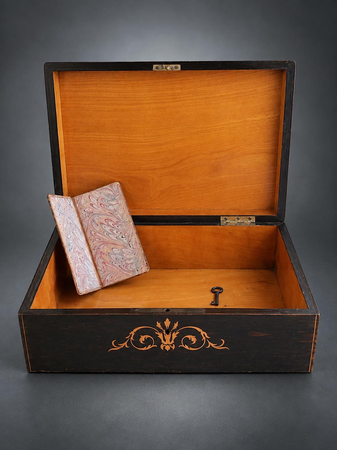 Antique French Marquetry Wood Toilette Box, Napoleon III Style, Locking Correspondence Box — France, Late 19th Century