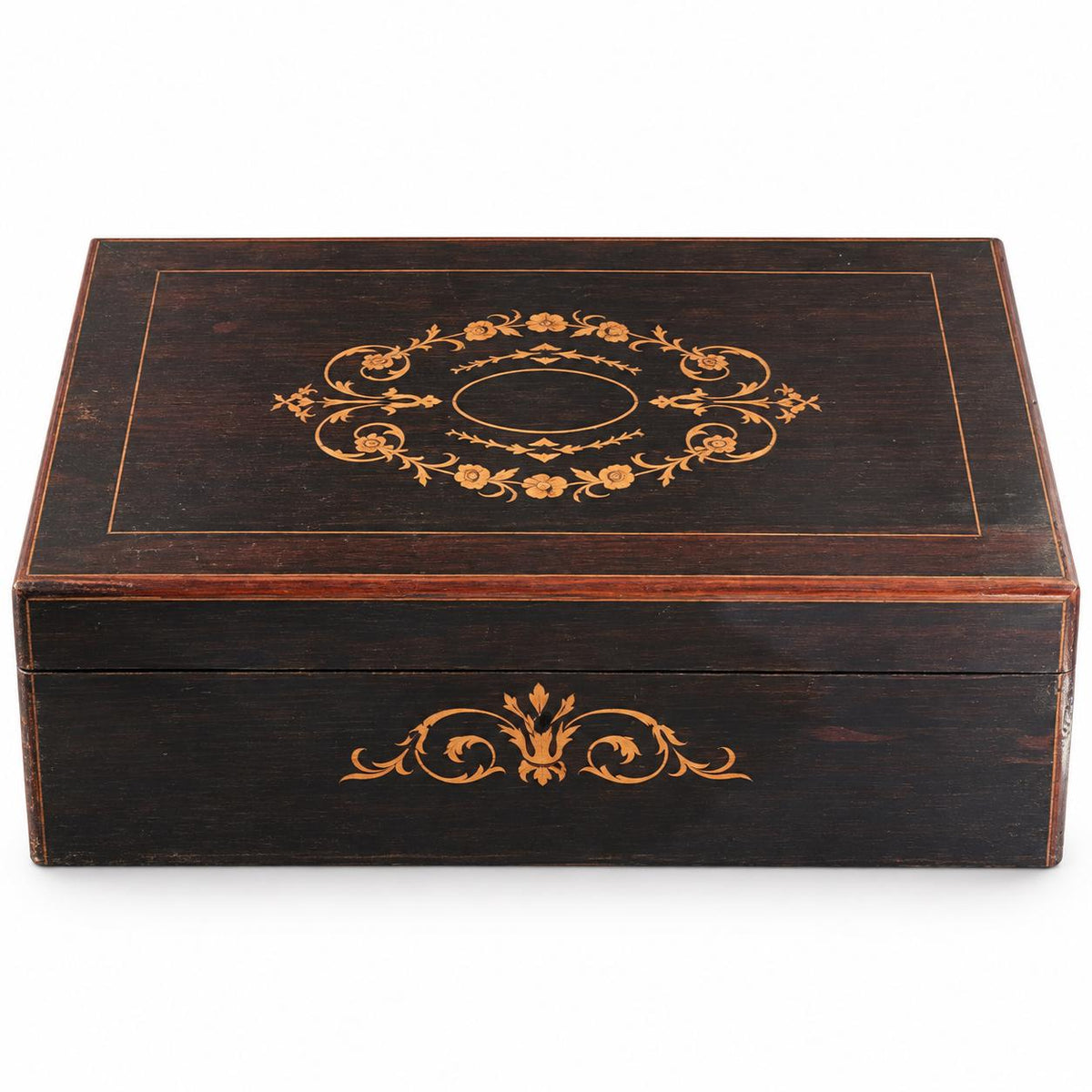 Antique French Marquetry Wood Toilette Box, Napoleon III Style, Locking Correspondence Box — France, Late 19th Century