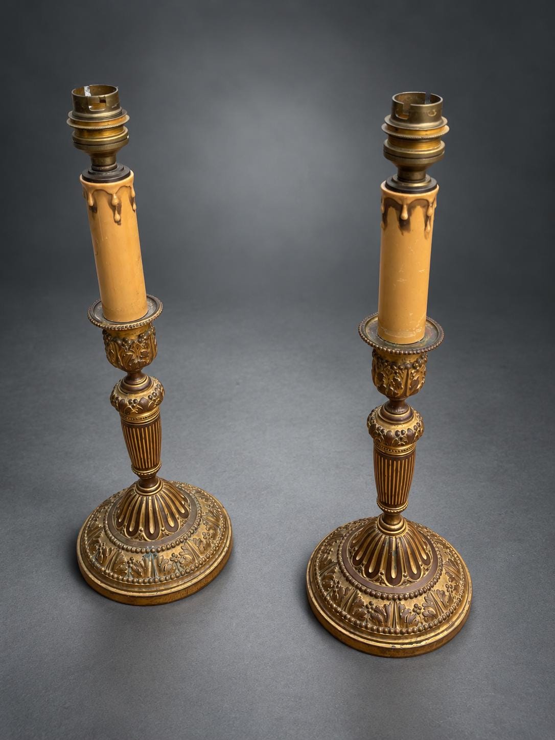 Pair of Antique Bronze Candlestick Table Lamps, Louis XVI Fluted Column — France, 19th Century