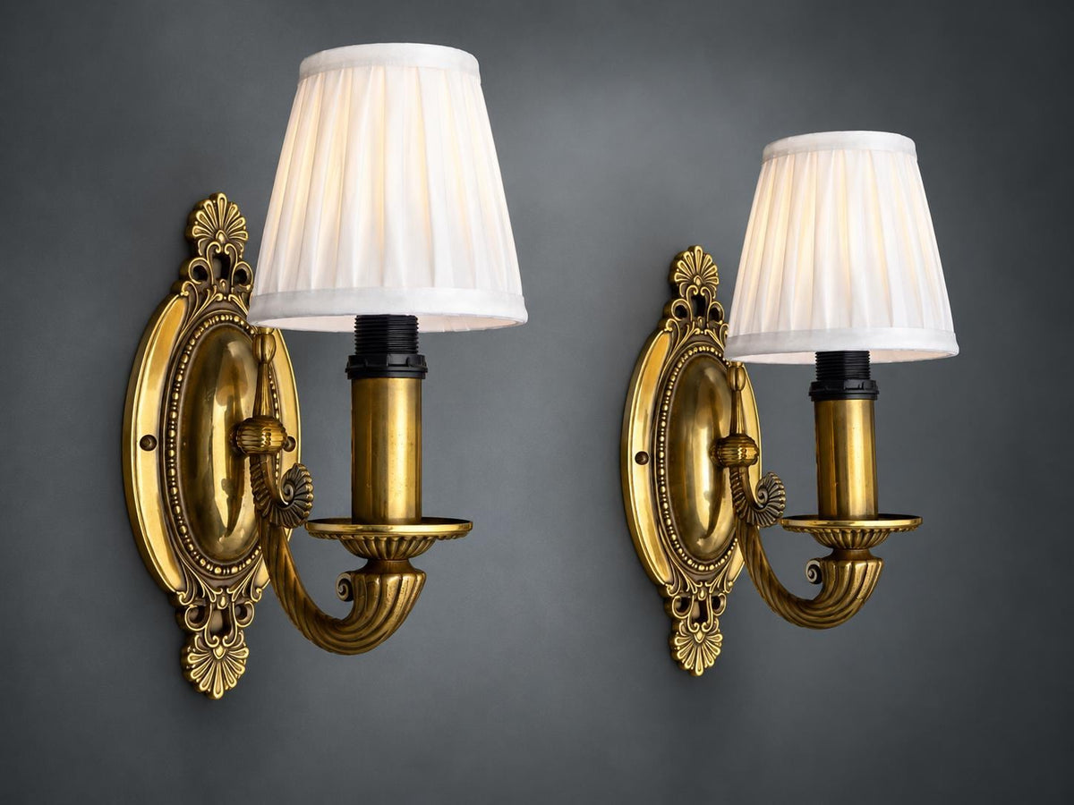 Pair of Antique French Brass Single-Arm Wall Sconces, Oval Backplate — France, Early 20th Century