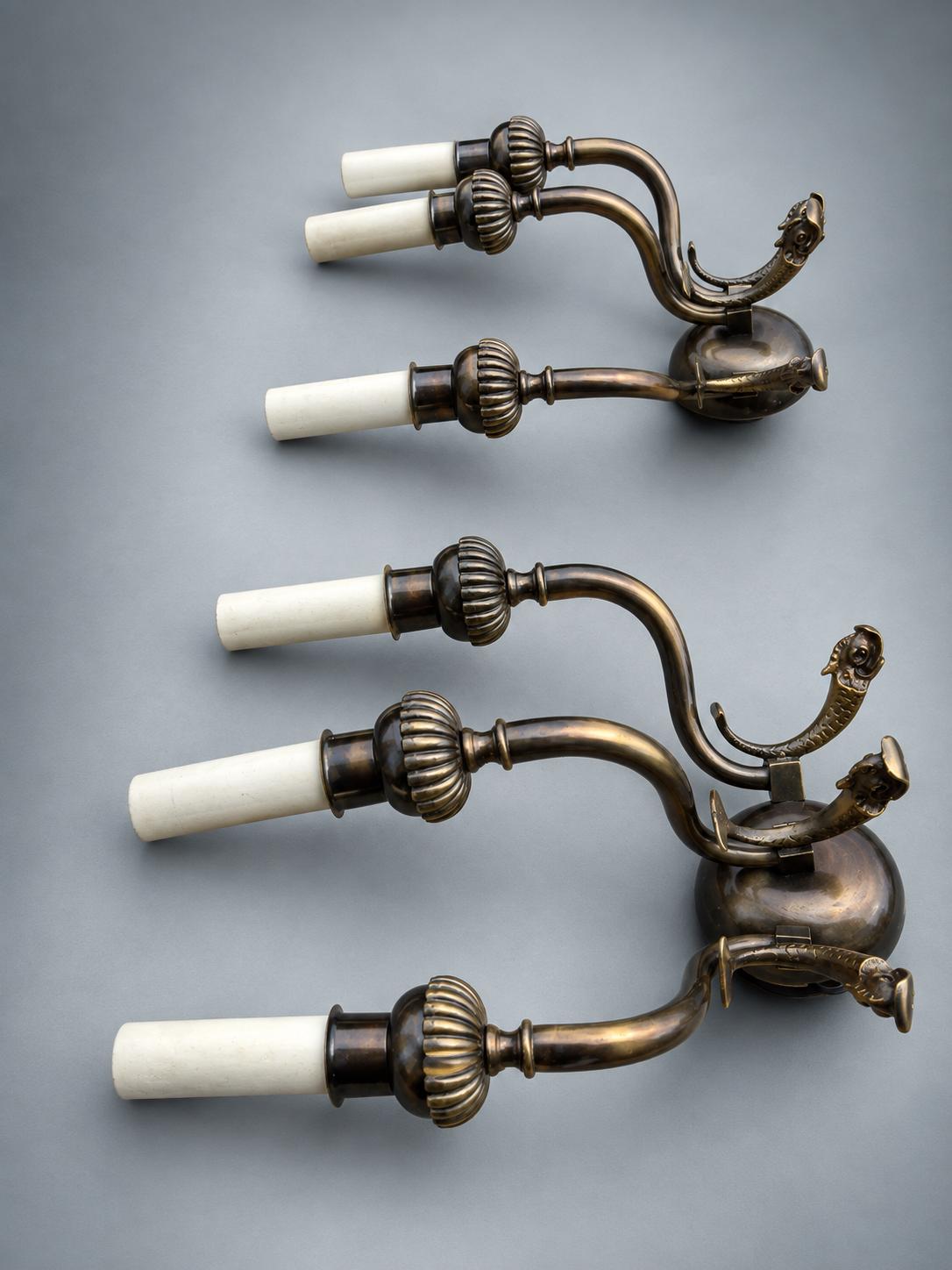 Pair of Antique Patinated Brass Wall Sconces, Dolphin Backplate Two-Arm — France, 19th Century