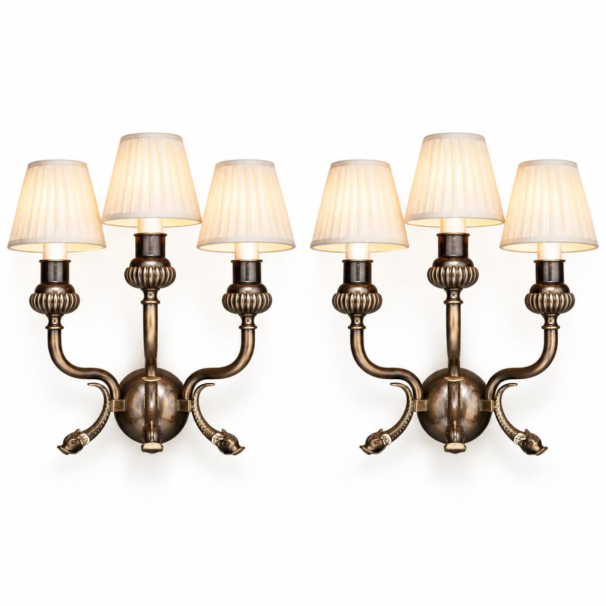 Pair of Antique Patinated Brass Wall Sconces, Dolphin Backplate Two-Arm — France, 19th Century