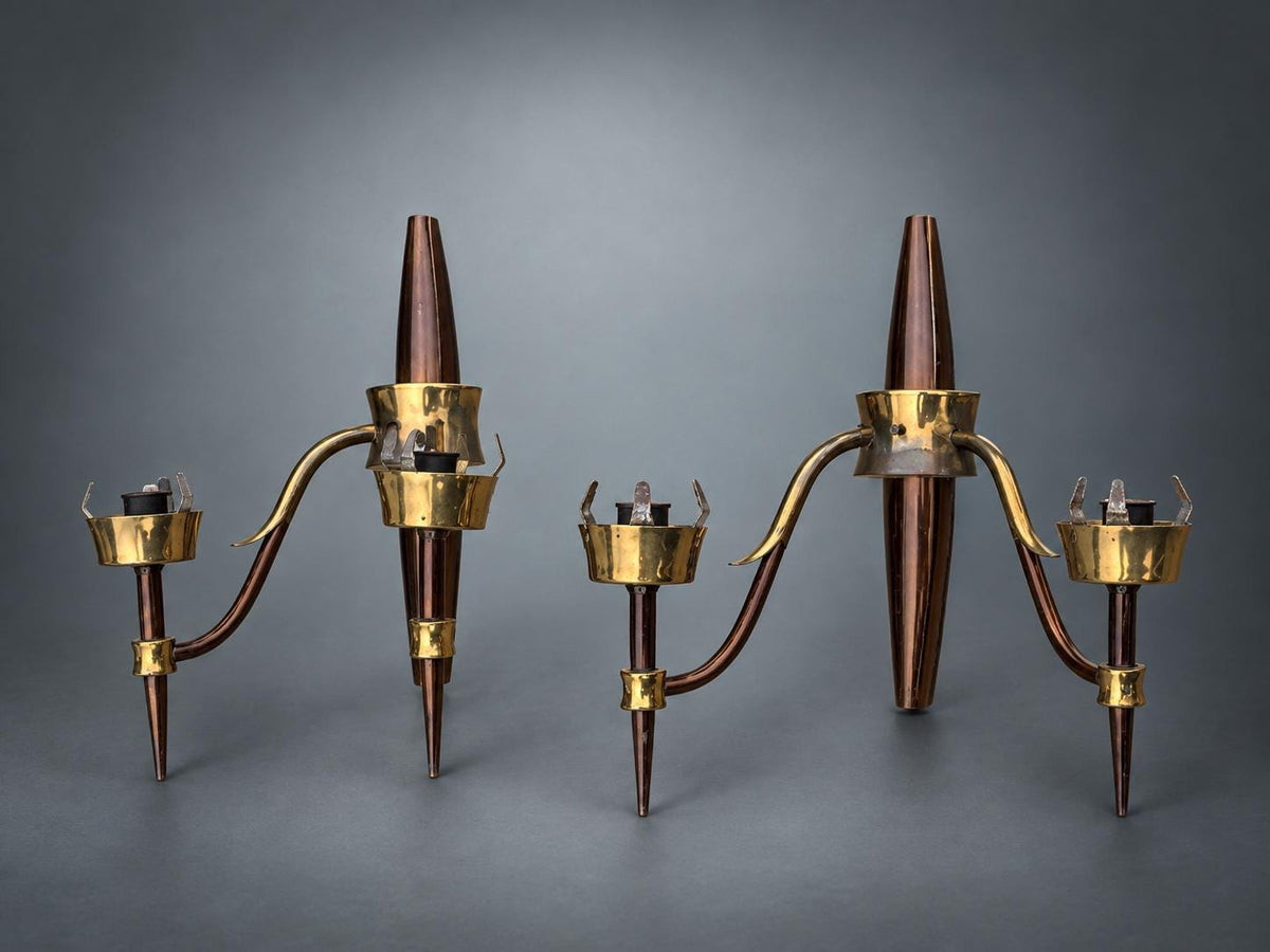 Pair of French Mid-Century Wall Sconces, Brass and Dark Lacquered Spindle, Two-Arm — France, circa 1950-1960