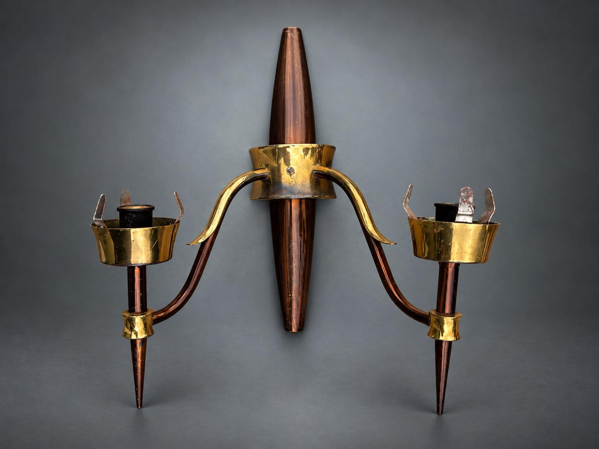 Pair of French Mid-Century Wall Sconces, Brass and Dark Lacquered Spindle, Two-Arm — France, circa 1950-1960