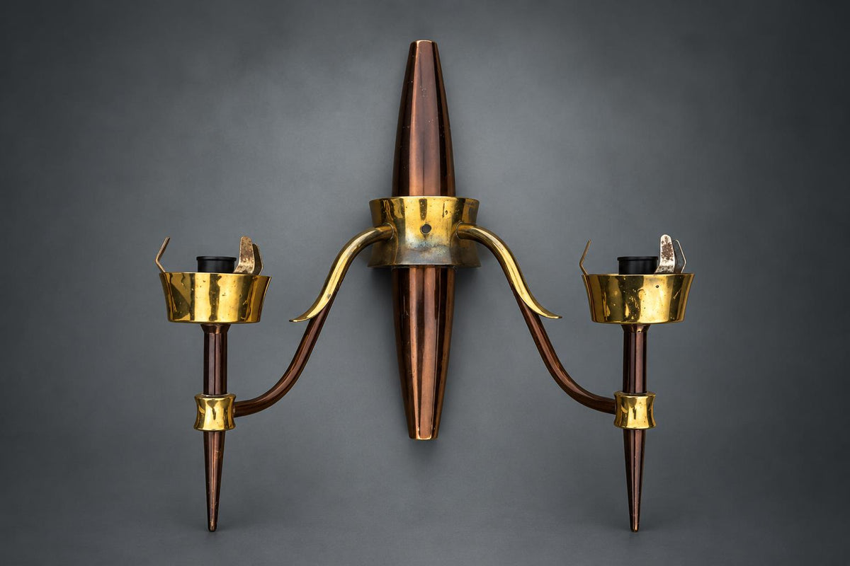 Pair of French Mid-Century Wall Sconces, Brass and Dark Lacquered Spindle, Two-Arm — France, circa 1950-1960