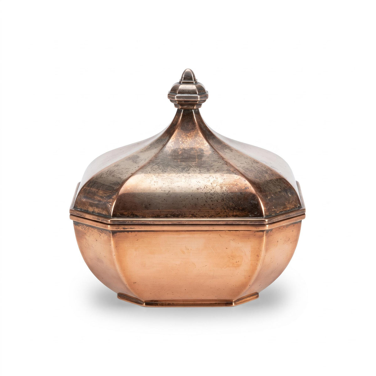 Vintage Art Deco Style Octagonal Lidded Box, Silver-Tone Metal with Domed Faceted Lid and Stepped Finial