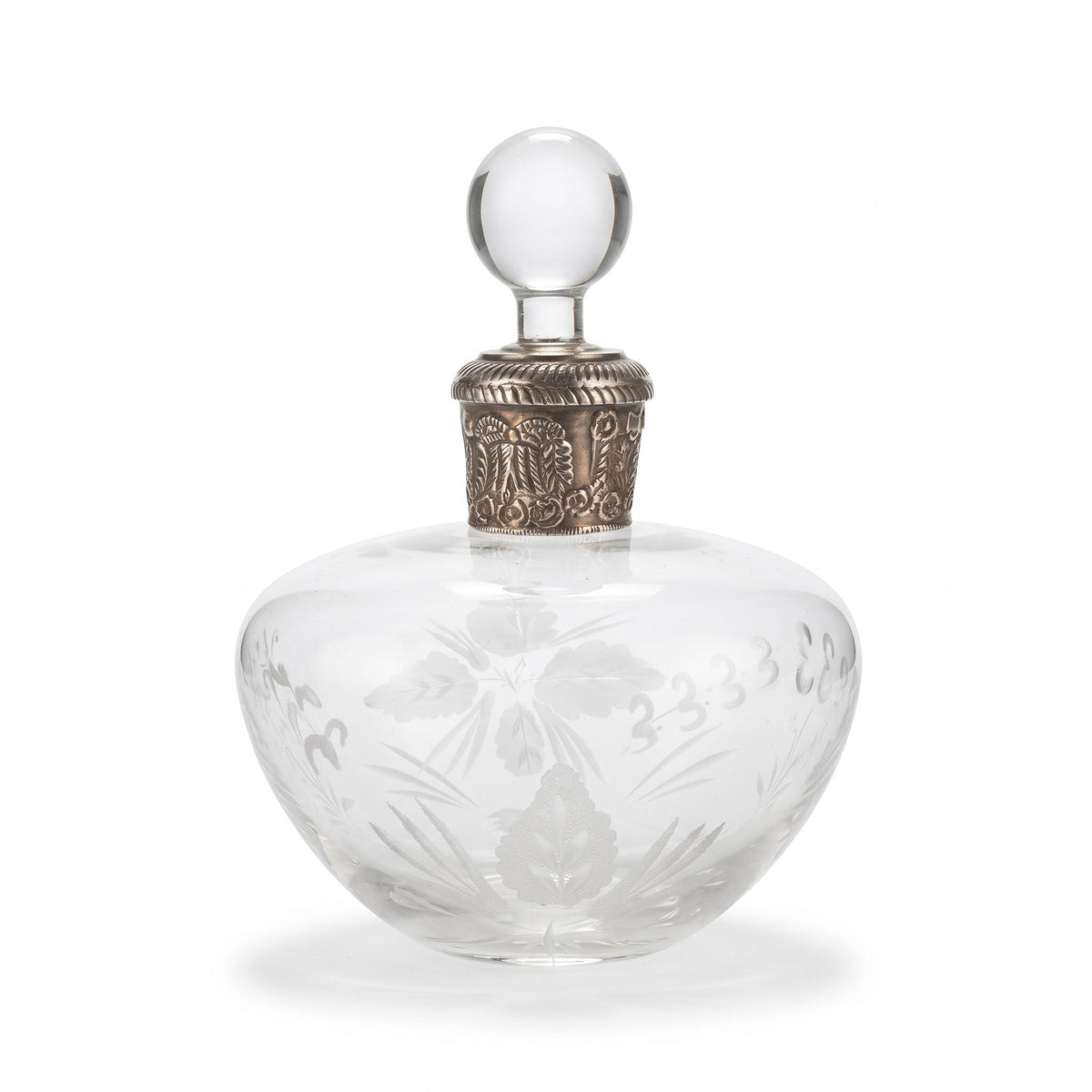 Vintage Etched Glass Decanter with Embossed Silver-Tone Collar and Clear Ball Stopper
