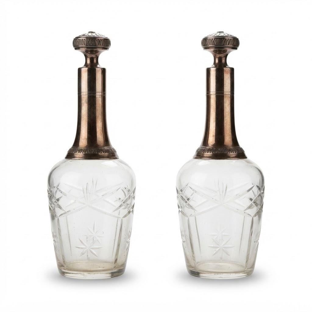 Vintage Pair of Cut Glass Decanters with Silver-Tone Neck Mounts and Stoppers, Star and Palmette Decoration
