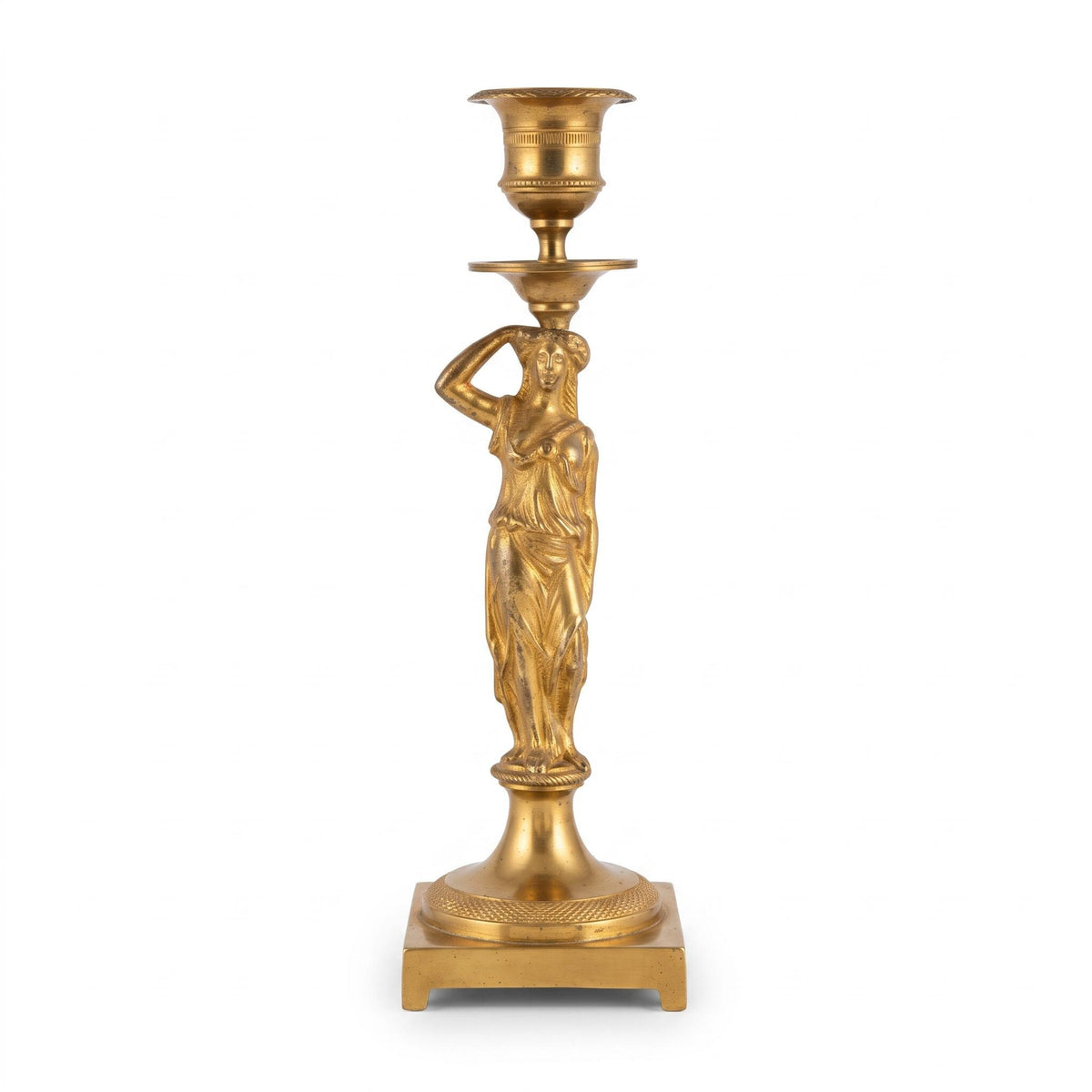 Vintage Empire Style Gilt Metal Caryatid Candlestick, Draped Classical Figure on Square Plinth