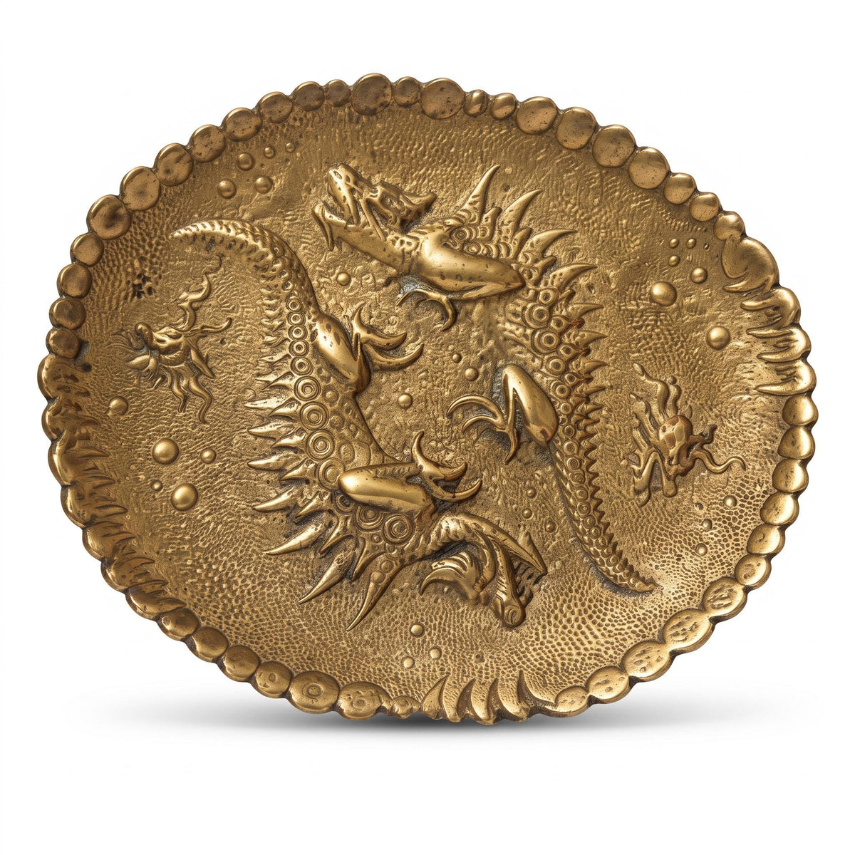 Vintage Brass-Tone Oval Trinket Dish with Dragons and Sea Creatures in Relief, Japonisme Style