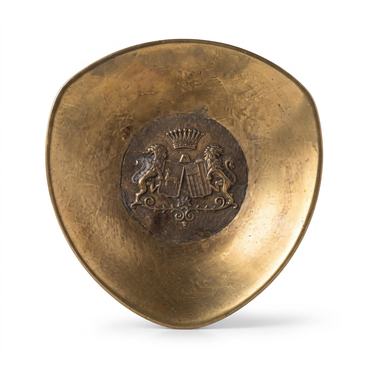 Vintage Brass-Tone Heraldic Trinket Dish, Coat of Arms with Lion Supporters and Coronet, Champagne Collectible